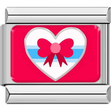 White heart with a red ribbon and bow centered on blue stripes on a bright red background
